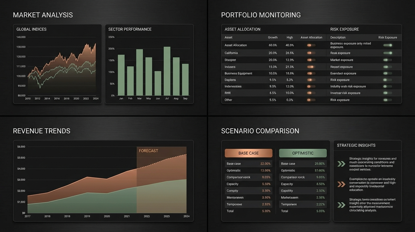 Dark themed UI mockup of a business analytics AI dashboard showing revenue spreadsheet with financial data, market analysis charts, and portfolio metrics — premium dark mode with gold accent highlights, corporate finance aesthetic