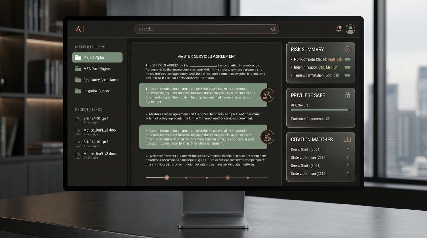 Dark themed UI mockup of a legal AI assistant reviewing a contract document, highlighting key clauses with sage-green annotations, on a premium dark interface with legal icons and document panels — professional, trust-focused, enterprise quality